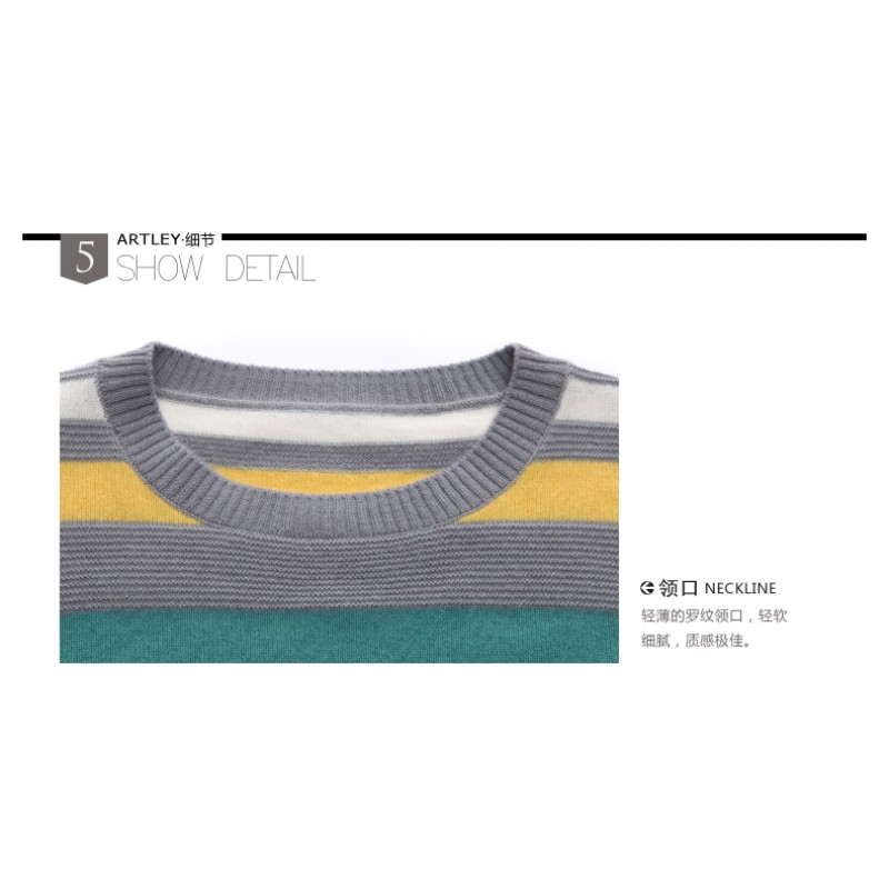 Pure Cashmere Sweater Blue Striped Round Collar Women Winter Sweater